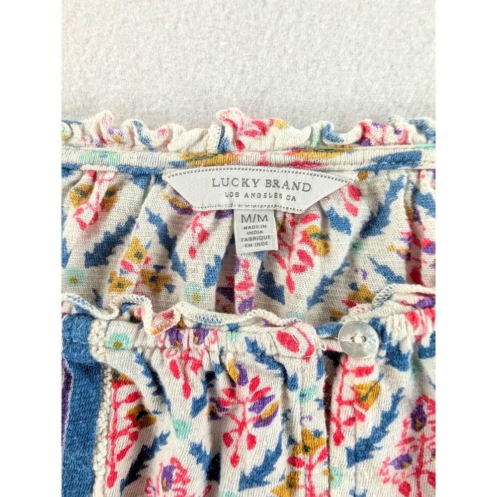 Lucky Brand Women Medium Blue Red Floral Boho Peasant Blouse Long Sleeve - Picture 3 of 6